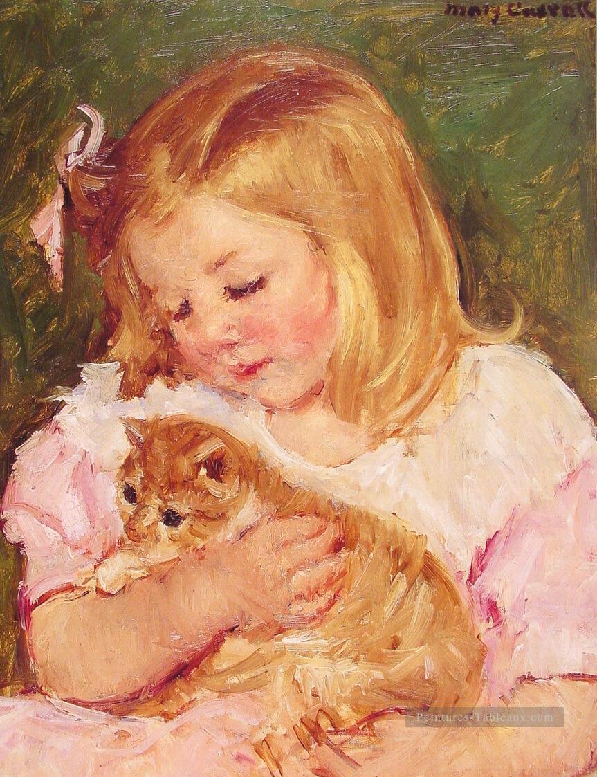 Sara tenant un chat mères des enfants Mary Cassatt Peintures à l'huile